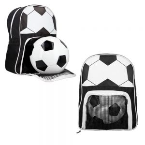 Mochila con temática de futbol y porta balón en forma de portería.